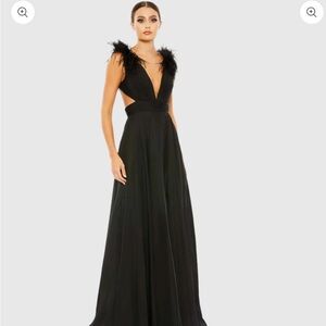 Mac Duggal Black Plunge Ostrich Feather A Line Gown